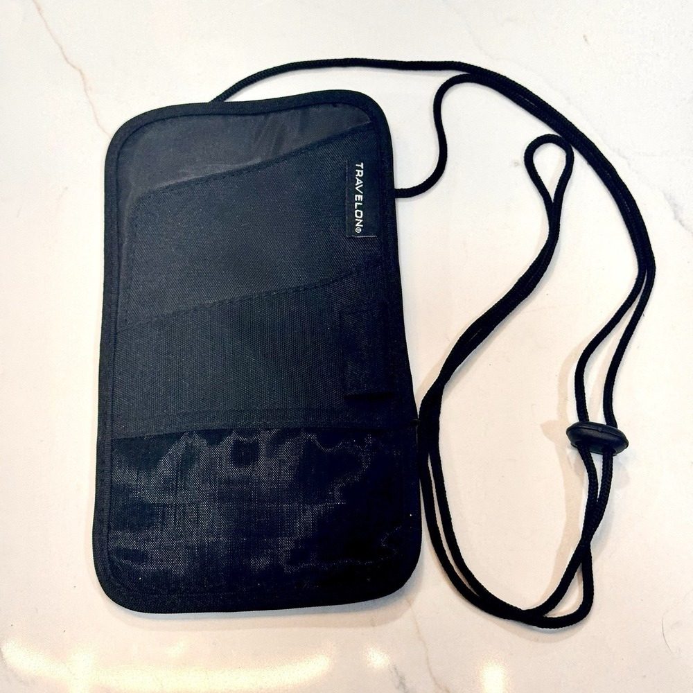 Travelon Black Neck Wallet Passport Holder RFID Zippered Travel Pouch